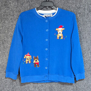 Speculation Womens PL Blue Fleece Button Front Dog Graphic Christmas Grandma